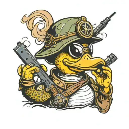 rubber duck with a military helmet smoking a cigar holding a rifle tattoo design idea