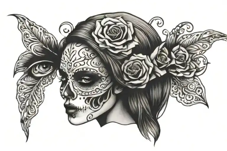 half skull woman eyes tattoo design idea