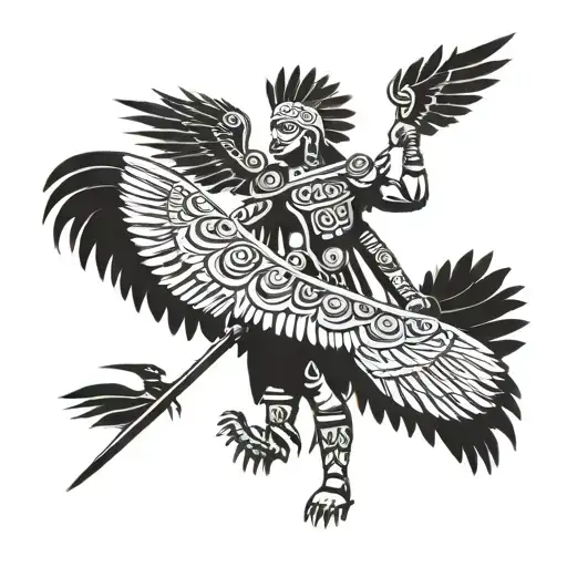 Create a tattoo of an Aztec warrior standing tall with a cenzontle bird on his shoulder. The warrior wears traditional a tattoo design idea