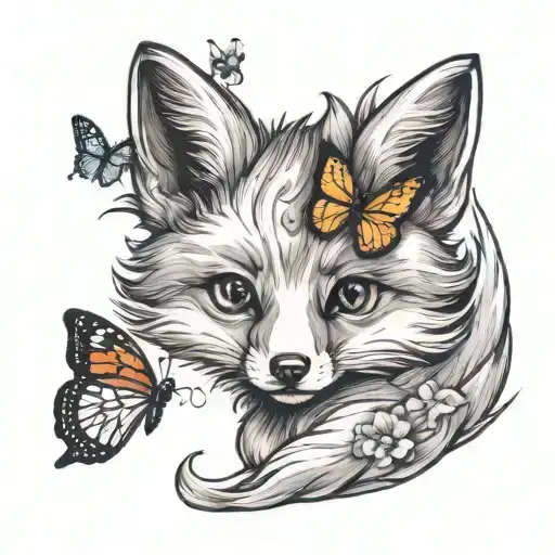 baby fox with a butterfly  tattoo design idea