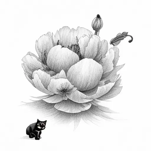 Peonies & poppies with small black cat in petal tattoo design idea