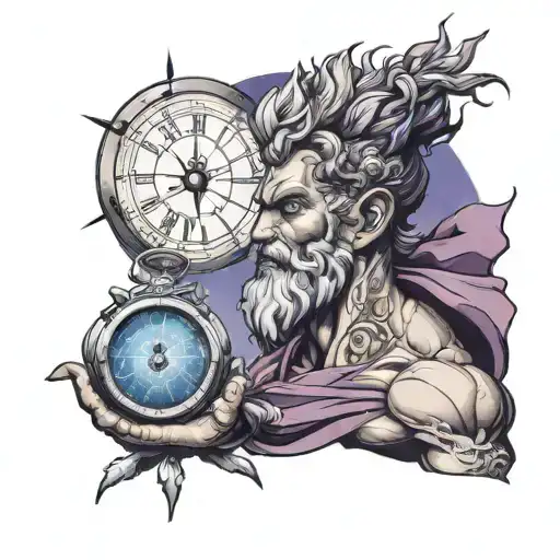 Cronus the god of time, holding a time piece above the earth with a celestial background of purple and light blue color. tattoo design idea