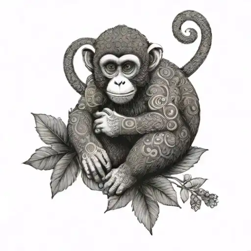 A dotwork mandala design featuring a monkey in the center tattoo design idea