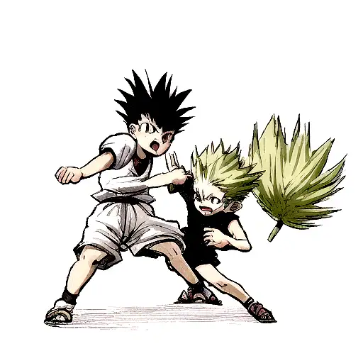 A dynamic portrait of Gon and Killua engaged in a fierce battle tattoo design idea