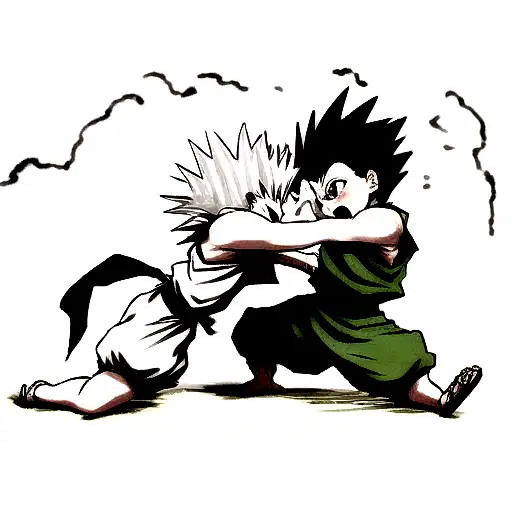 A dynamic portrait of Gon and Killua engaged in a fierce battle tattoo design idea