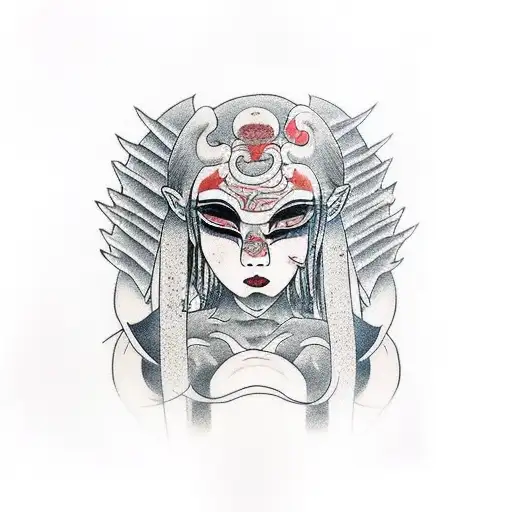 Girl torso covered in bandages  with a oni mask cut i half tattoo design idea