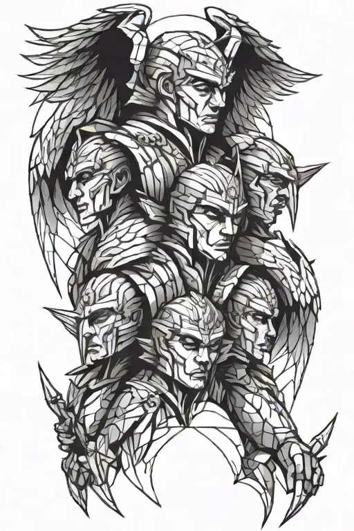 4 headed armored angel  tattoo design idea