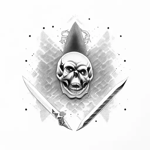 katana stabbed through a skull with Japanese letters on the blade tattoo design idea