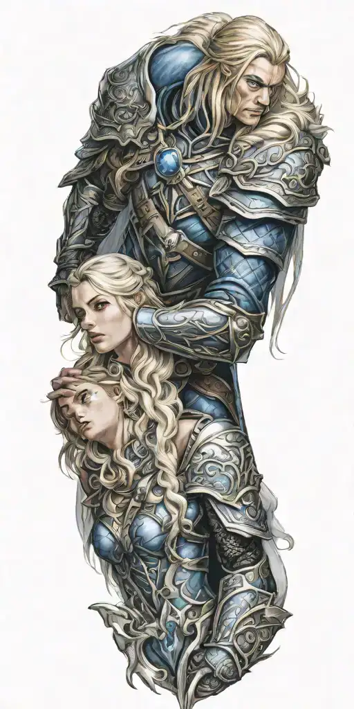 Arthas Menethil and Jaina Proudmore together, Jaina holding Arthas by his face, sadness on Jaina's face tattoo design idea
