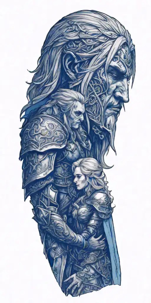 Arthas Menethil and Jaina Proudmore together, Jaina holding Arthas by his face, sadness on Jaina's face tattoo design idea