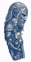 Arthas Menethil and Jaina Proudmore together, Jaina holding Arthas by his face, sadness on Jaina's face tattoo design idea
