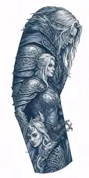 Arthas Menethil and Jaina Proudmore together, Jaina holding Arthas by his face, sadness on Jaina's face tattoo design idea