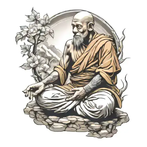meditating monk sitting tattoo design idea