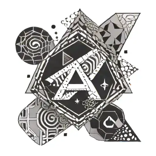 An abstract geometric design featuring elements related to the client's interests, subtly incorporating the initials A, S, T, P, and Y tattoo design idea