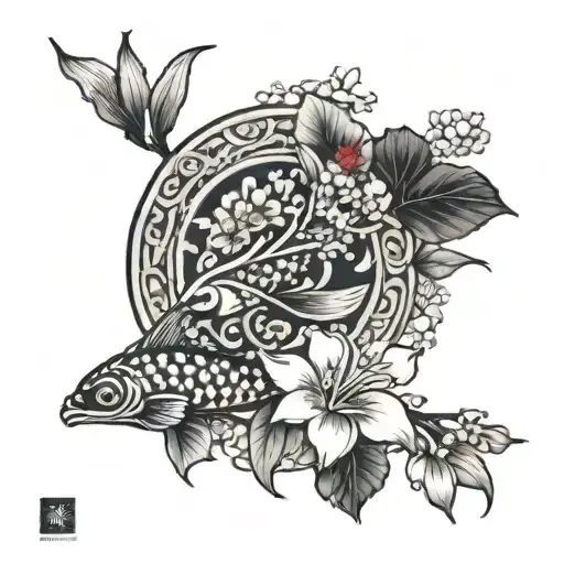 Filipino sampaguita tattoo, include some symbolism with ikigai in Japanese lettering and a bonsai tree with a koi fish,  tattoo design idea