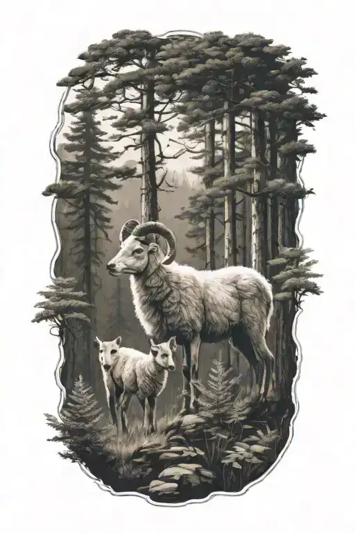 forest landscape ram and fox looking tattoo design idea