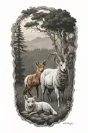 forest landscape ram and fox looking tattoo design idea