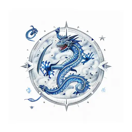 A dark blue serpentine dragon wrapped around a nautical star map surrounded by a galactic starry sky tattoo design idea