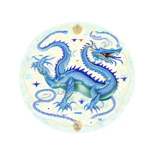 A dark blue serpentine dragon wrapped around a nautical star map surrounded by a galactic starry sky tattoo design idea