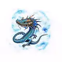 A dark blue serpentine dragon wrapped around a nautical star map surrounded by a galactic starry sky tattoo design idea