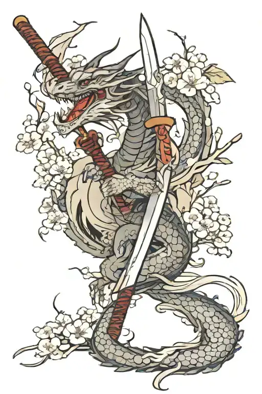 Dragon katana sakura tree tattoo design idea