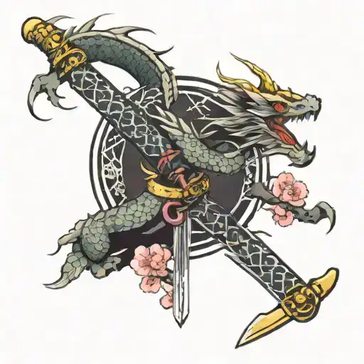 Dragon katana sakura tree tattoo design idea