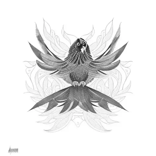 A mesmerizing blackwork tattoo depicting a greater coucal bird in flight, with its feathers transforming into intricate geometric patterns tattoo design idea