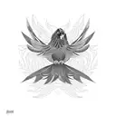 A mesmerizing blackwork tattoo depicting a greater coucal bird in flight, with its feathers transforming into intricate geometric patterns tattoo design idea