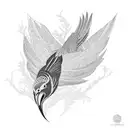 A mesmerizing blackwork tattoo depicting a greater coucal bird in flight, with its feathers transforming into intricate geometric patterns tattoo design idea