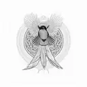 A mesmerizing blackwork tattoo depicting a greater coucal bird in flight, with its feathers transforming into intricate geometric patterns tattoo design idea