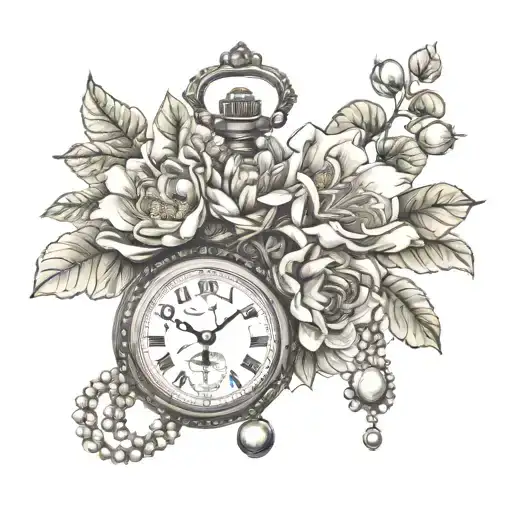 bouquet of peony, rose, calalily, hibiscus, and lotus with antique pocket watch entangled in strings of pearls  tattoo design idea