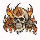 skull surrounded by fire flames tattoo design idea