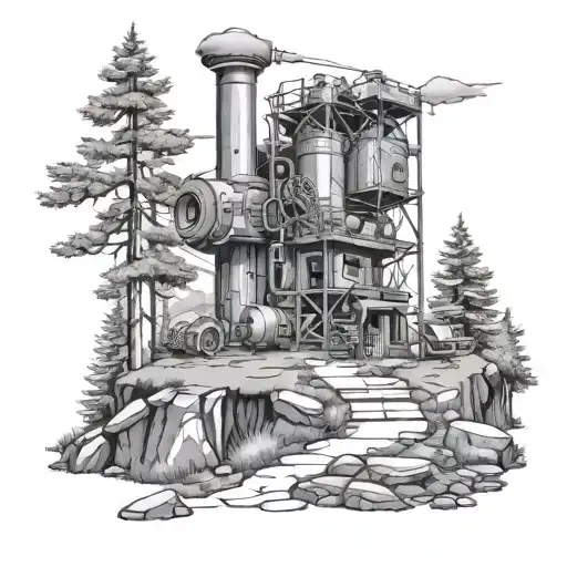 A serene forest landscape with a winding hiking trail leading into the distance, incorporating elements of welding equipment to symbolize your occupation as a welder tattoo design idea