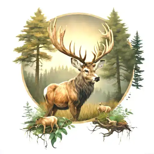Hirsch mit imposantem Geweih und reh davorder über einem sanften Hintergrund aus Waldlandschaft  tattoo design idea