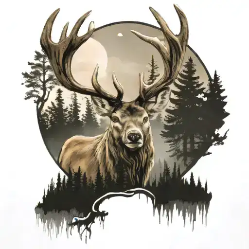 majestätischen Hirsch mit imposantem Geweih, der über einem sanften Hintergrund aus Waldlandschaft thront, während ein z tattoo design idea