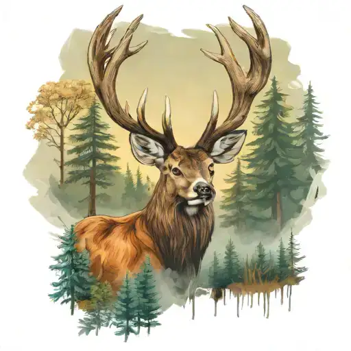 majestätischen Hirsch mit imposantem Geweih, der über einem sanften Hintergrund aus Waldlandschaft thront, während ein z tattoo design idea