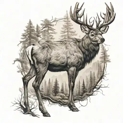 majestätischen Hirsch mit imposantem Geweih, der über einem sanften Hintergrund aus Waldlandschaft thront, während ein z tattoo design idea