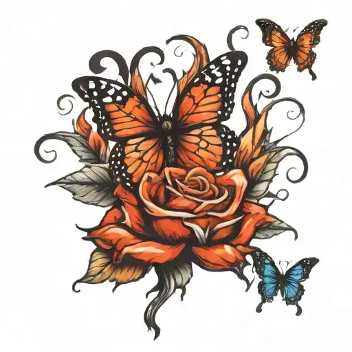 burning rose and Gothic butterfly tattoo design idea