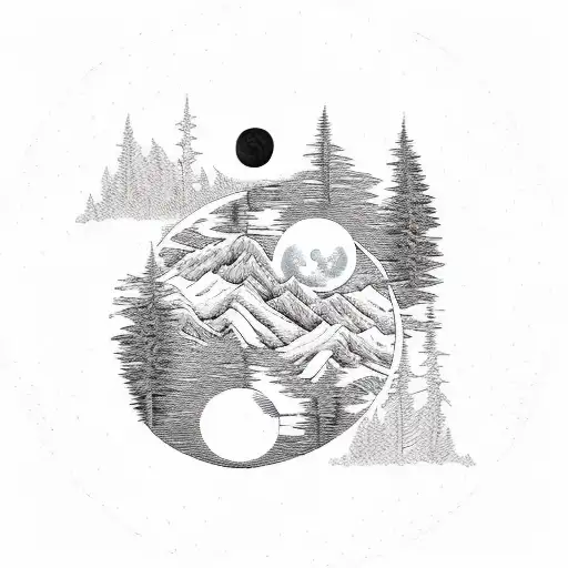 Nature, peaceful animals, yin and yang, family, mountains, trees, lake, moon, dove, water tattoo design idea