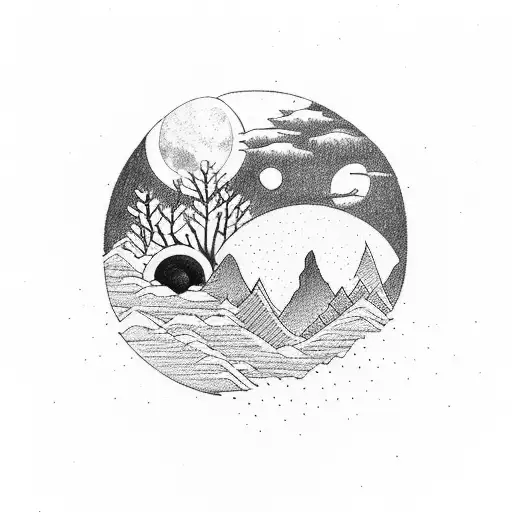Nature, peaceful animals, yin and yang, family, mountains, trees, lake, moon, dove, water tattoo design idea