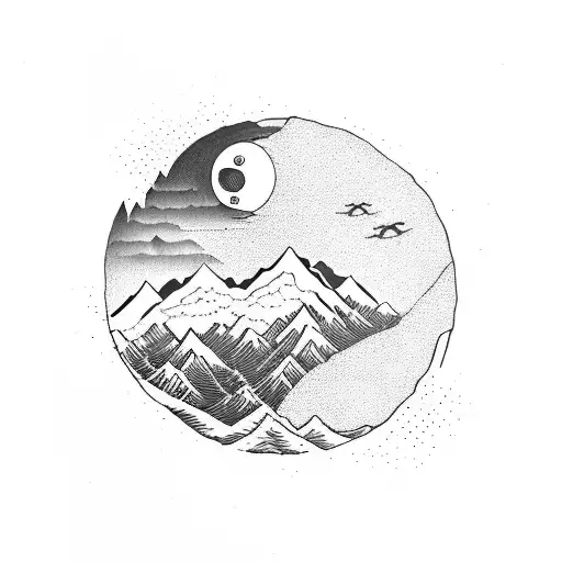 Nature, peaceful animals, yin and yang, family, mountains, trees, lake, moon, dove, water tattoo design idea