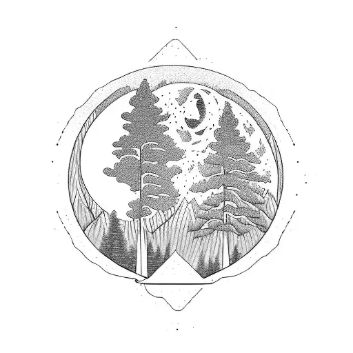 Nature, peaceful animals, yin and yang, family, mountains, trees, lake, moon, dove, water tattoo design idea