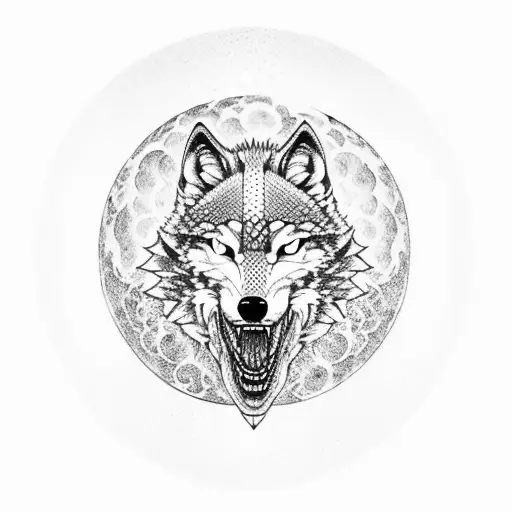 A dotwork tattoo of a wolf howling at the moon, representing strength and connection with nature, with a cybersecurity circuitry pattern surrounding it tattoo design idea