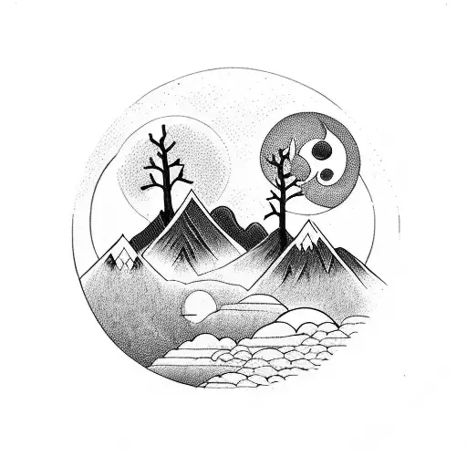 Nature, peaceful animals, yin and yang, family, mountains, trees, lake, moon, dove, water tattoo design idea