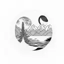 Nature, peaceful animals, yin and yang, family, mountains, trees, lake, moon, dove, water tattoo design idea