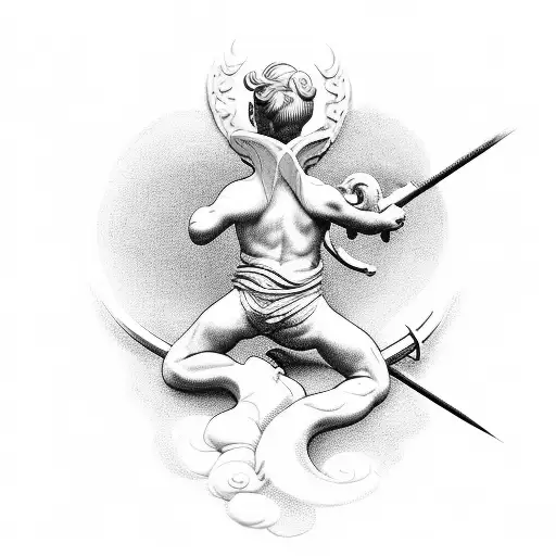 cupid tattoo on a man's shoulder, in the style of monochromatic sculptor, byzantine-inspired, flowing surrealism, expres tattoo design idea