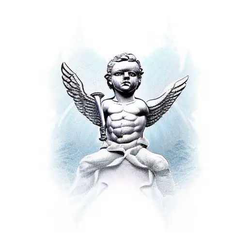 cupid tattoo on a man's shoulder, in the style of monochromatic sculptor, byzantine-inspired, flowing surrealism, expres tattoo design idea