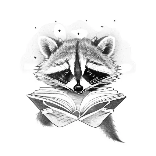 A raccoon holding a book with dragon wings spread wide tattoo design idea