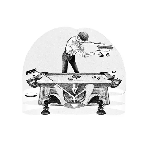 A snooker table with a barista brewing coffee on one side and a Yamaha FZ25 parked on the other side tattoo design idea