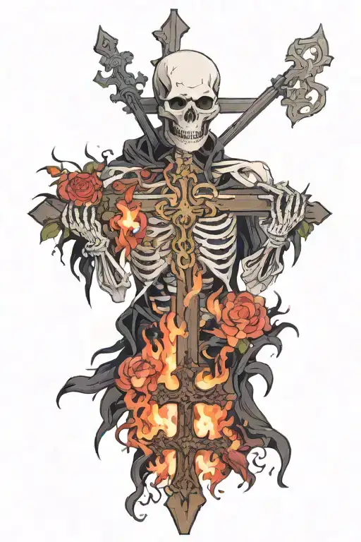 The Skeleton of Jeanne Dark (Alter) (from Fate: Grand Order) on a bonfire holding a cross in his hands tattoo design idea